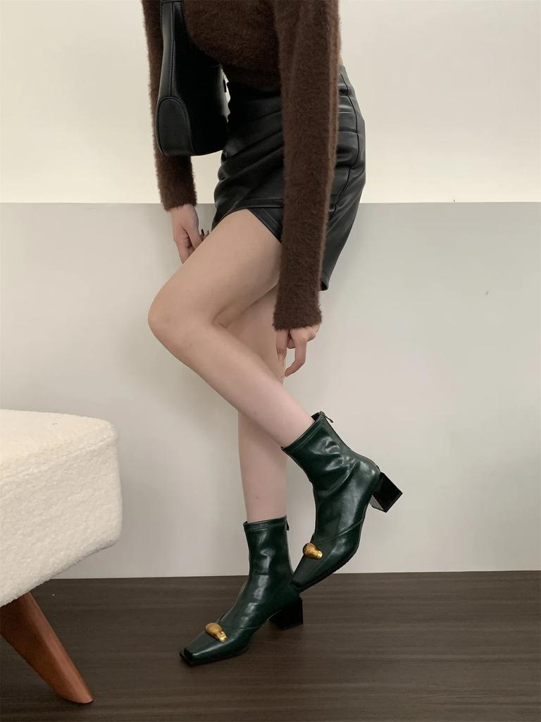 Fashion New Shoes Designer Metal Women Ankle Elastic Boots Fashion Zippers Footwear Square Heels Ladies Modern Short Booties Shoes