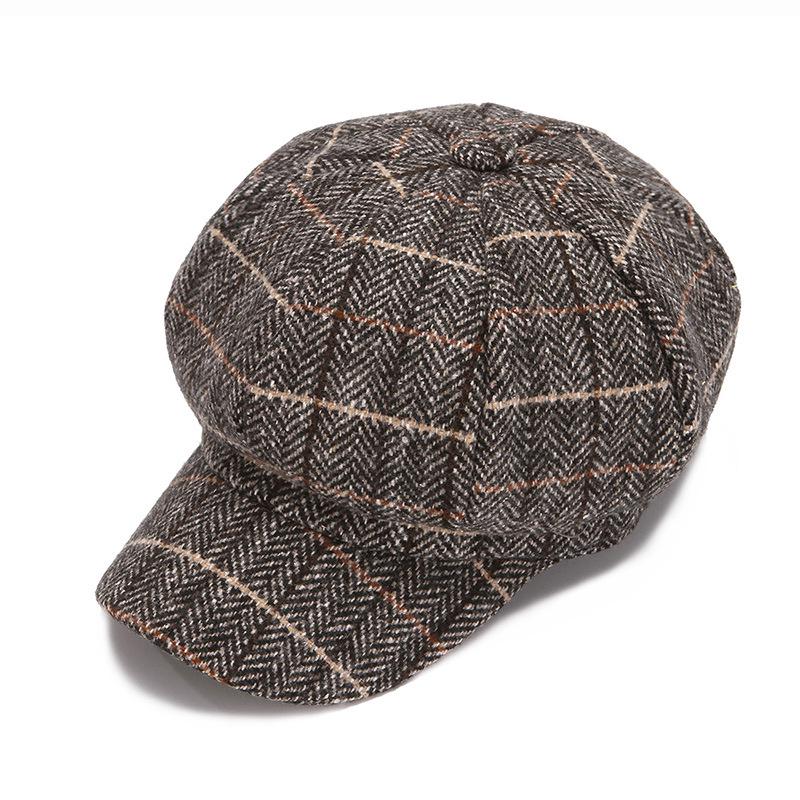 Béret en laine à carreaux pour femmes de style coréen - Casquette polyvalente à huit panneaux pour l'automne et l'hiver