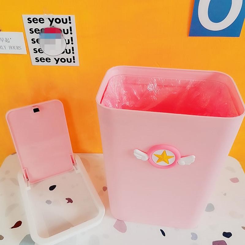 Cartoon Card Captor Sakura Pink Plastic Waste Bin With Lid Kitchen Household Cute Large Ashbin Bucket Creative Pressed Trash Can