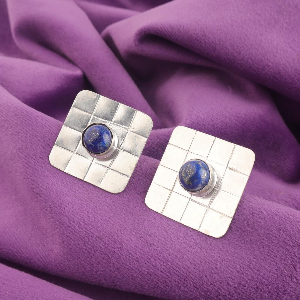 Round Lapis Lazuli Gemstone Sterling Silver Friendship Day Stud Earrings Jewelry EE-146-31