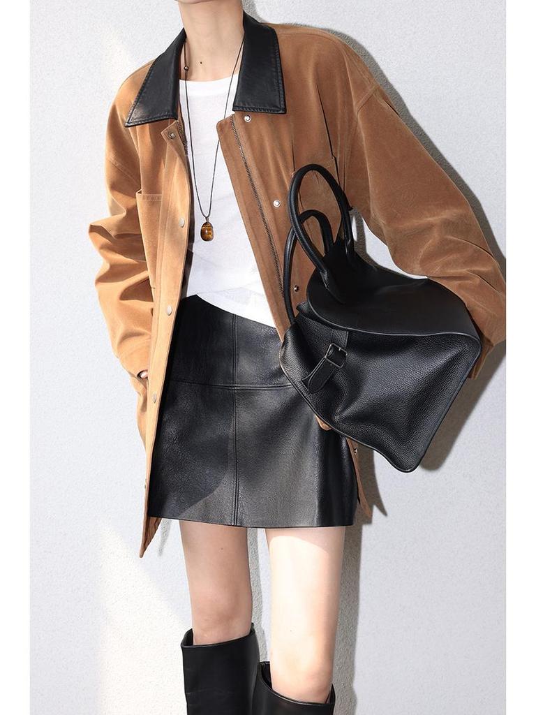 JWUNIQUE Women's Dimple Black High-Waisted A-Line Leather Mini Skirt for Slimming Fit - 2025 Autumn Collection