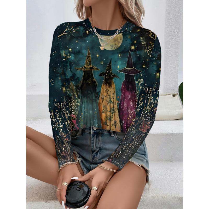 Round Neck 3D Witch Printed Top Casual Long Sleeved Women's T-shirts - Soft Medium Stretch Polyester Fabric Spring and Autumn Relaxed Fit Clothing