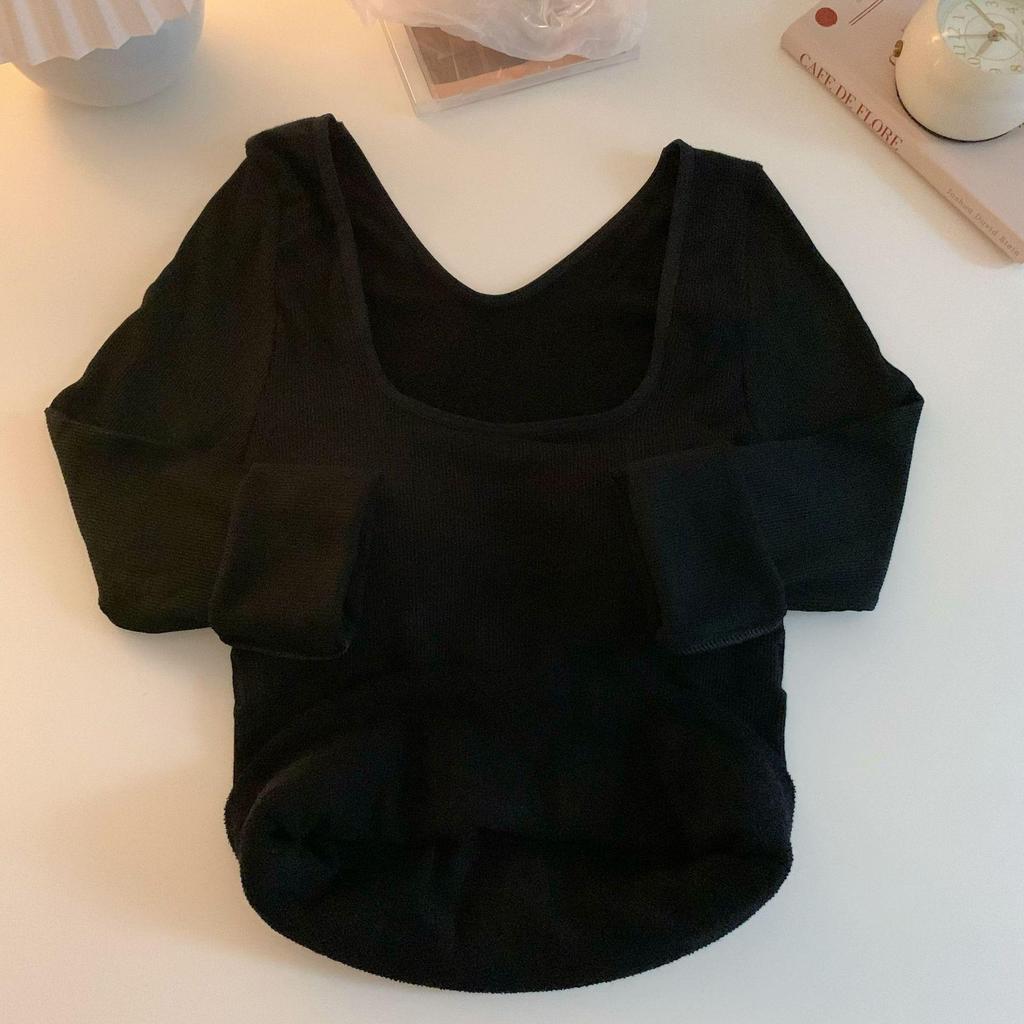 Korean Long Sleeve Fleece-Lined Slim Fit Square Neck Undershirt for Women
