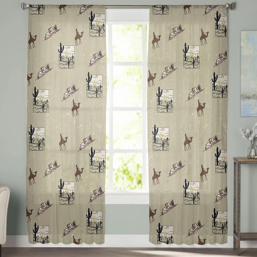 Camel Sun Cactus Desert Clouds Sheer Voile Curtains Transparent Window Tulle for Bedroom Holiday Decoration