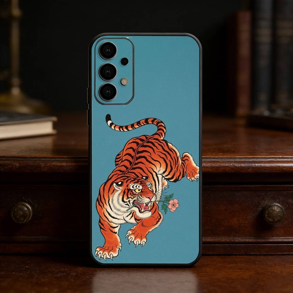 Japanese Ukiyo-e Tiger Phone Case For Samsung S25,24,23,22,30,21,10,9,Ultra,Plus,Lite Soft Black Case