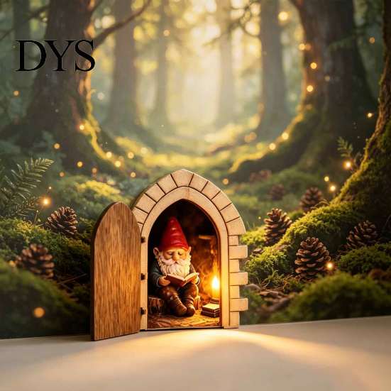 Decorative Door Frame Accents Opening Fairy with Hidden Gnome Scene, Miniature Wooden Wall Decor, Archway 2D Flat Reading Scene Hinged for Baseboard,