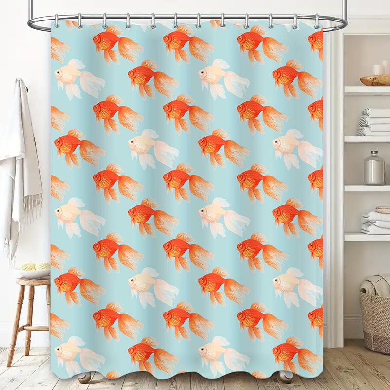 Goldfish Pattern Shower Curtain Blue White Colorful Bath Decor Watercolor Print Washable Fabric Decoration Home Waterproof Showe