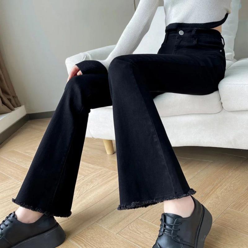Schwarze High-Waist Cropped Flare Jeans im koreanischen Stil für Damen