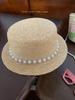 DIY bow flat top sunscreen straw hat women's retro pearl design vacation seaside beach sunshade summer