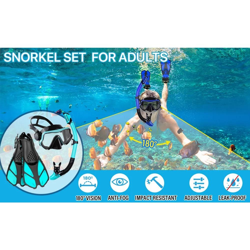 Masker Vinnen Snorkel Set, Snorkeluitrusting voor Volwassenen, Panoramisch Zicht Anti-Mist Snorkelmasker, Verstelbare Duikvinnen, Dry Top Snorkel