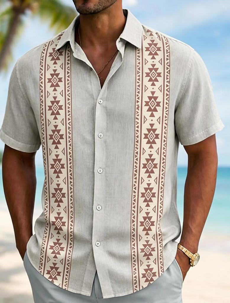 Summer Essential! Tribal Pattern Short Sleeve Shirt, Lightweight Linen Blend
