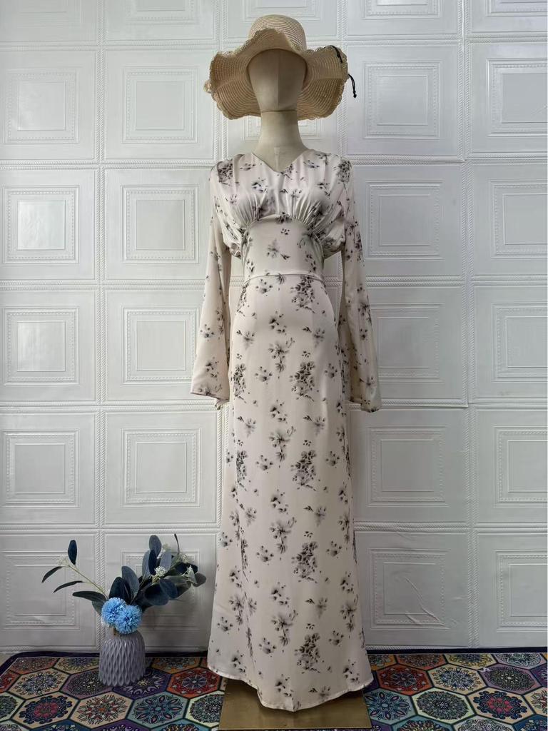 Dámské květinové maxi šaty s dlouhým rukávem, letní 2025, lehký, elegantní styl