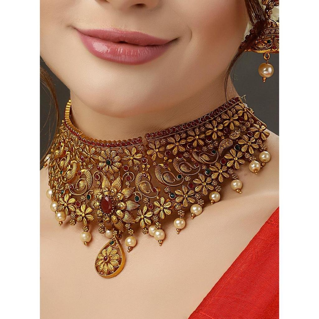 Neuestes Stilvolles Ausgefallenes Perlen-Choker Traditionelles Schmuckset für Damen | Tempel-Halsketten-Set | Festliches Hochzeits-Party-Halsketten-Set