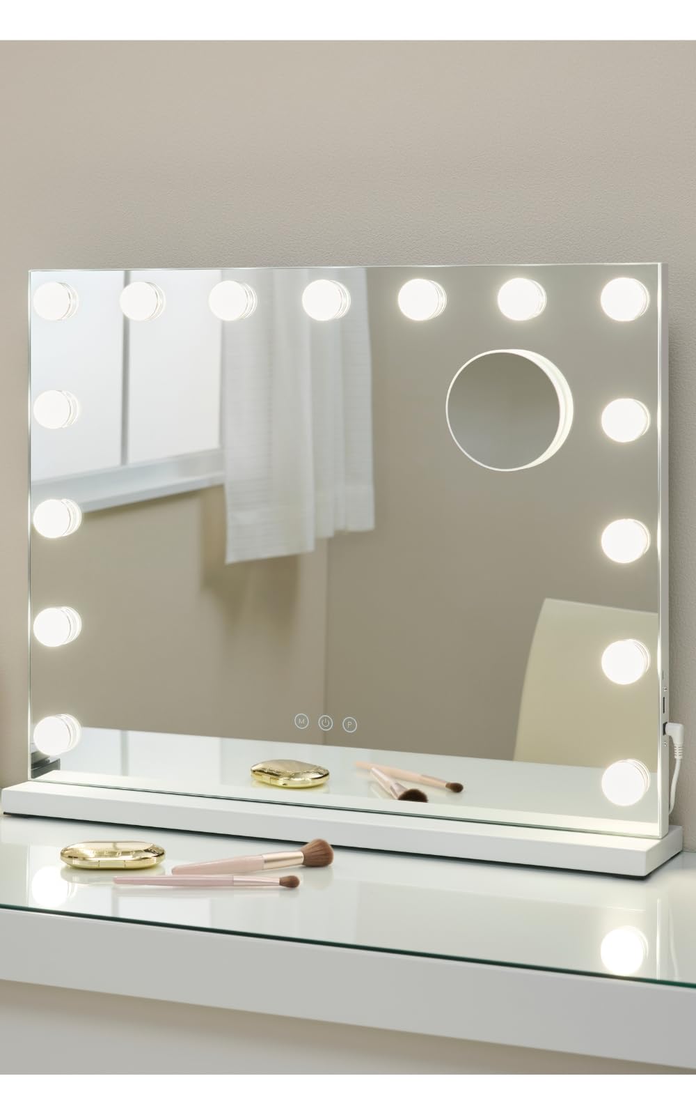 

NIKOKIRA Зеркало для макияжа со светодиодной подсветкой для актрисы с туалетным столиком в голливудском стиле, 5-кратная яркость, USB, 58 см в ширину x 48 см размер зеркала, свет, стол, стиль, зеркало, белый