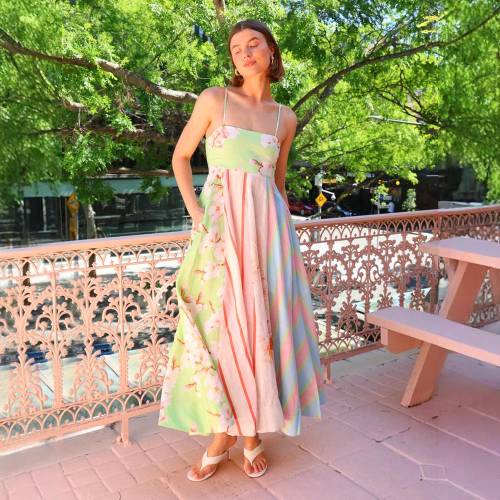 Spot new European and American sexy suspender graffiti print big pendulum dress women S