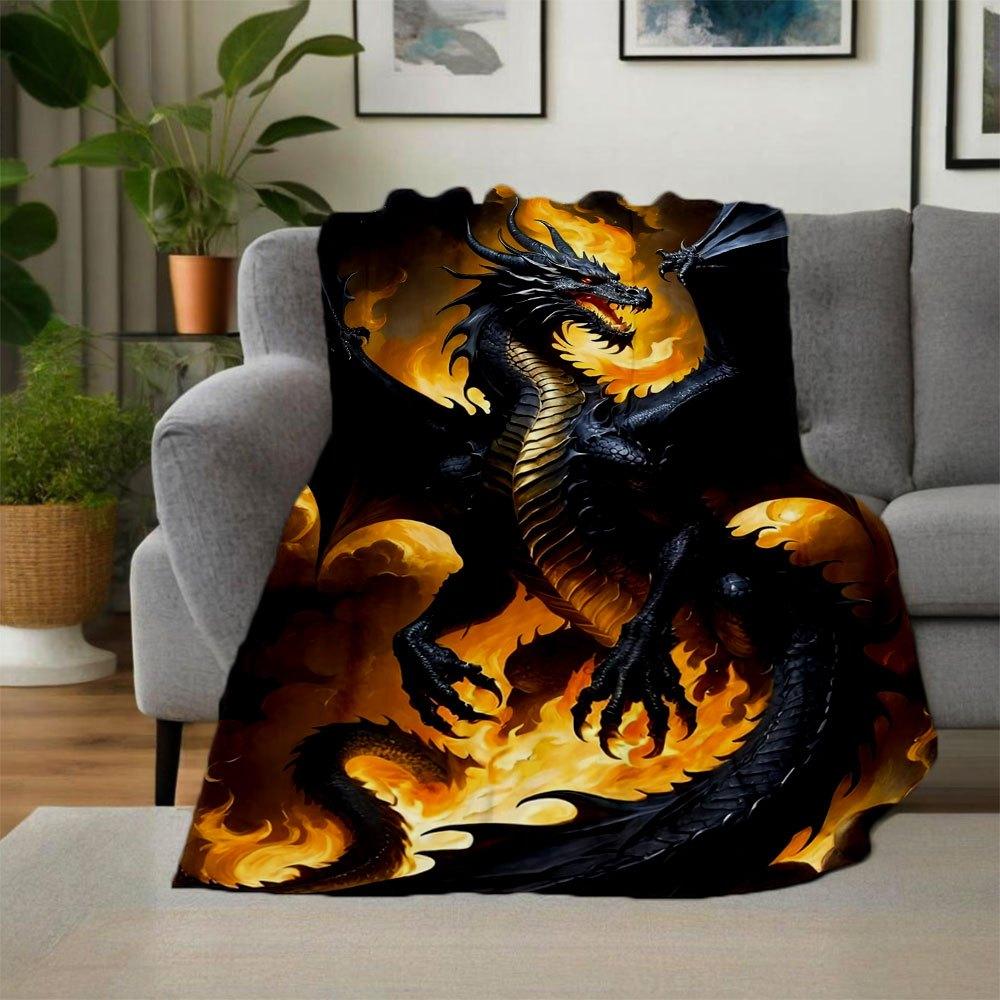 "Flaming Black Dragon Fantasy Art Print"Blanket Flannel Throw Blanket for Sofa, Bed, Travel, Camping, Office, Couch, Chair, And Bed Gift for