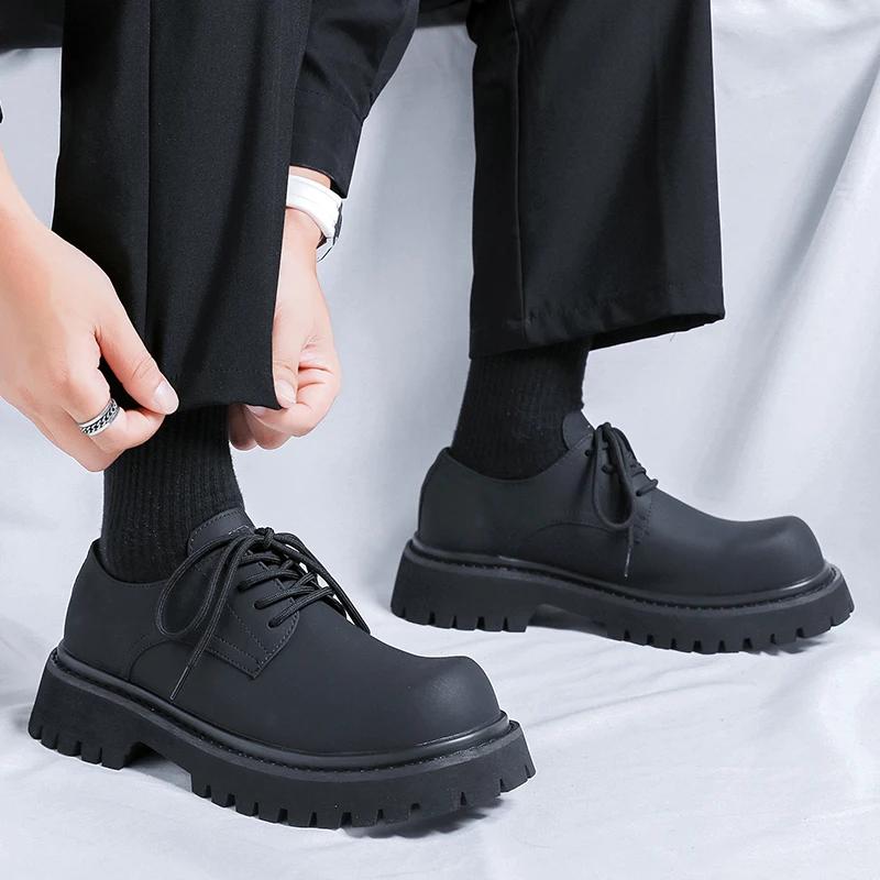 Fashion Brand Men's Lace Up Oxford Shoes Thick Sole Business Wedding Shoes Round Toe Green Sole Platform British Outdoor Casual Shoes