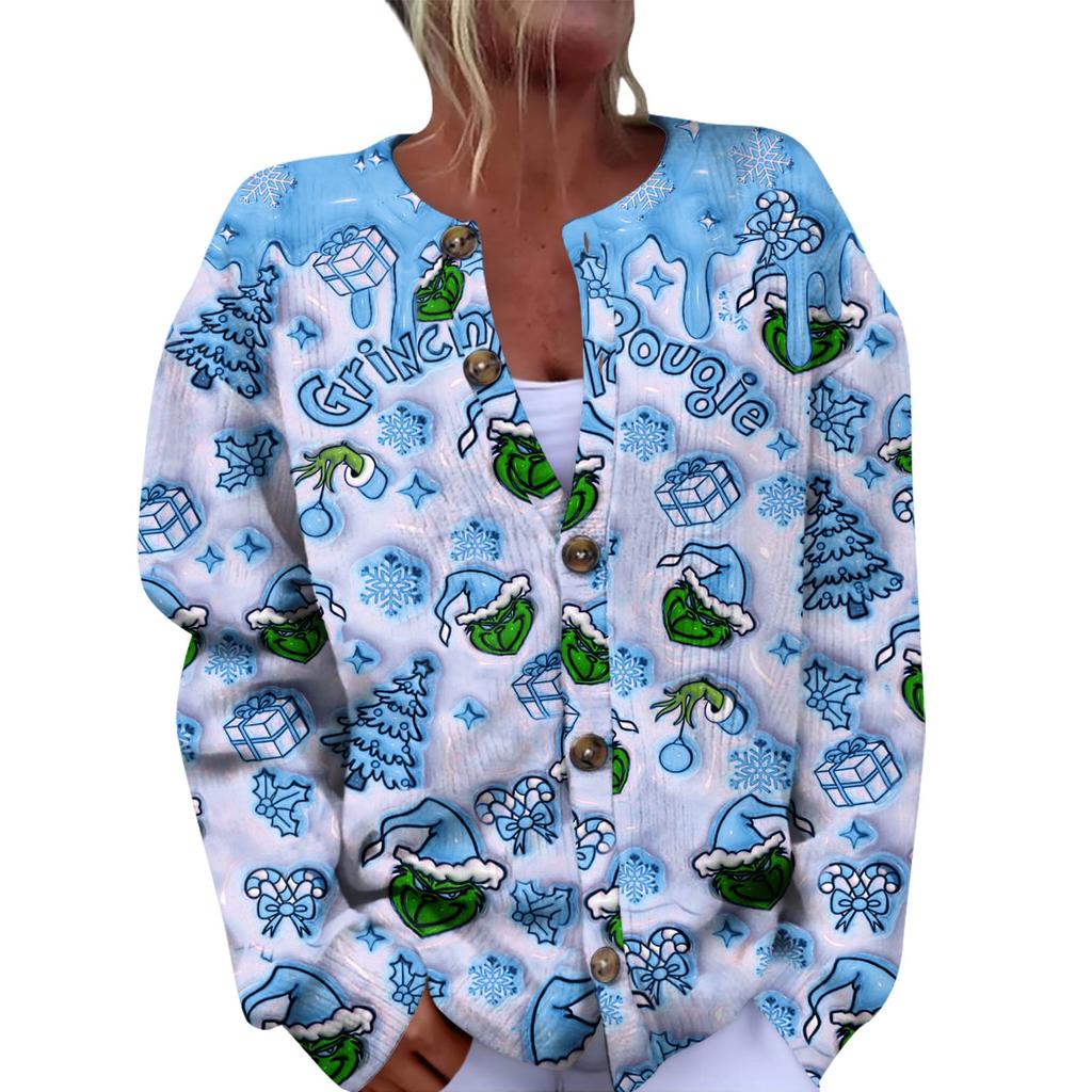 Women's Fashion Christmas Printed Long Sleeve Knitted Cardigan Button Down Jacket