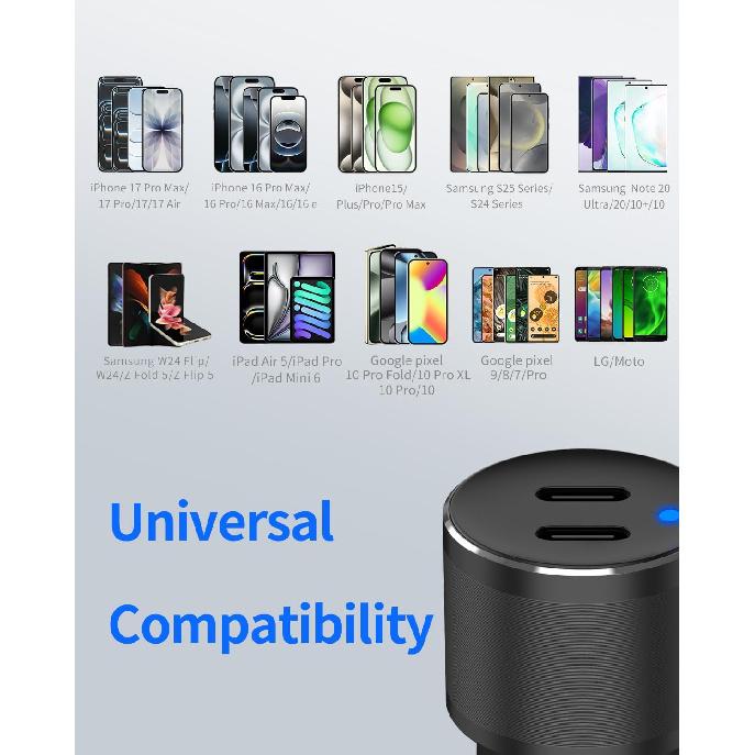 Dual 45W USB C Car Charger, 90W Max Super Fast Charging, All Metal 12V Cigarette Lighter Adapter for iPhone 17 Pro Max/16/15/iPad, Samsung Galaxy