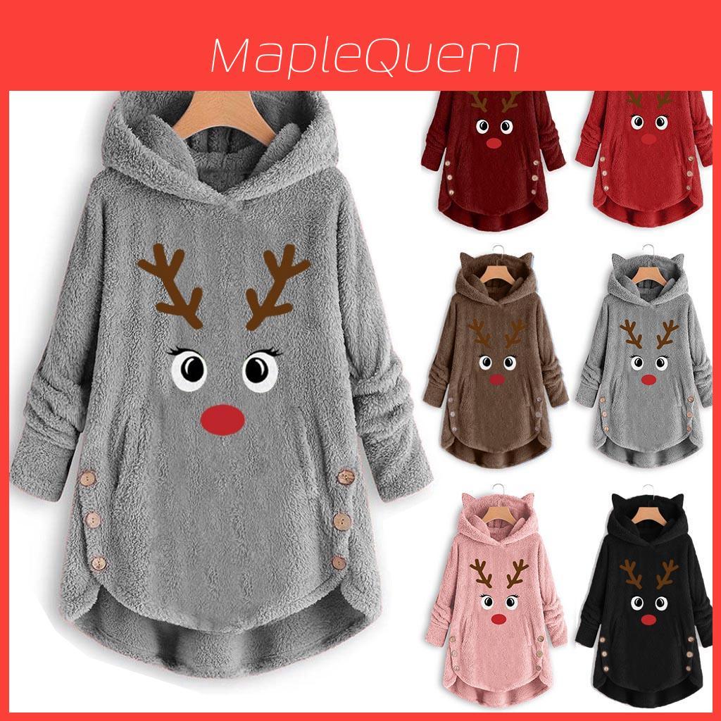 Cozy Fluffy Women's Christmas Sweatshirt With Adorable Elk Pattern And Cat Ear Design