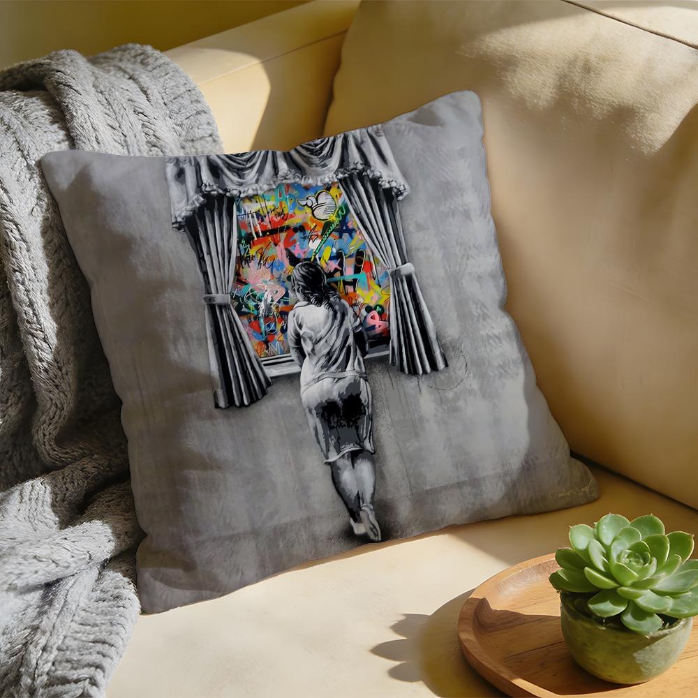 Cushion Cover Washed Linen Soft Breathable Decorative Case for Sofa Home Pillow Cover Banksy Street Graffiti Art