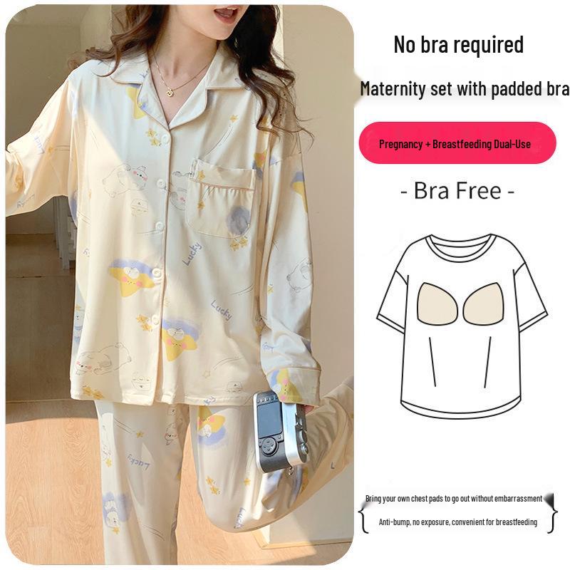 Plus Size Maternity & Postpartum Pajama Set with Breast Pads - Long Sleeve, Spring & Autumn Nursing Wear