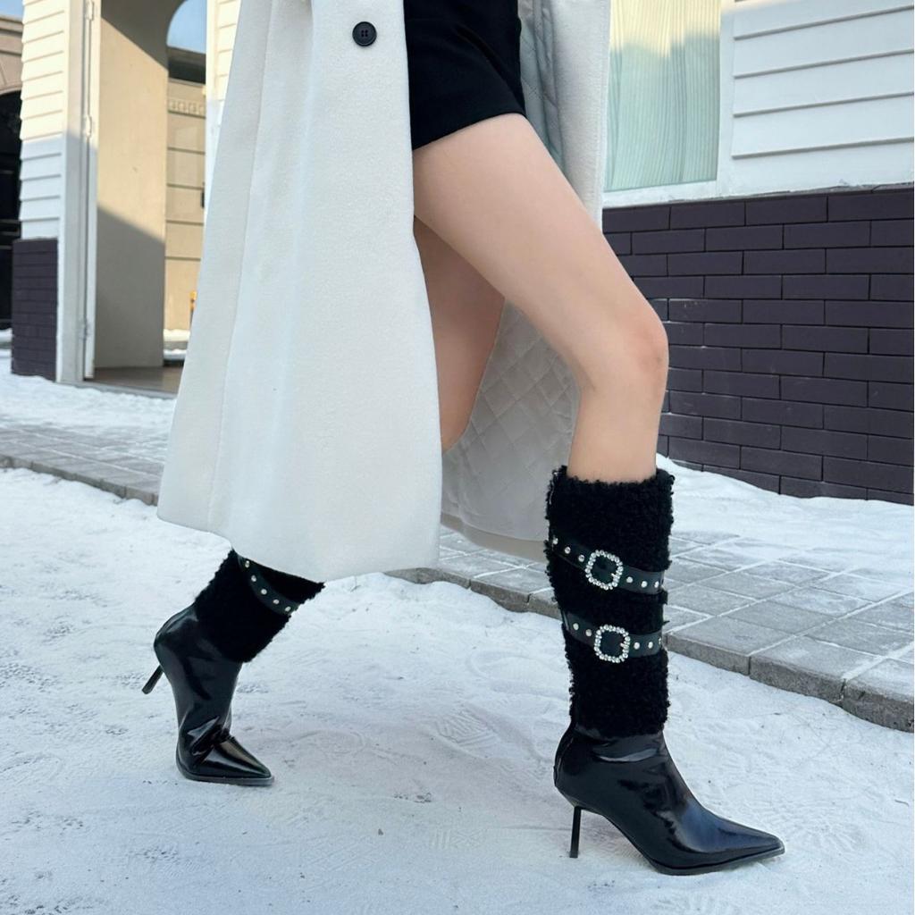 Pointed fine heel lamb wool rivet velvet boots women's autumn and winter rhinestone belt buckle high heel boots