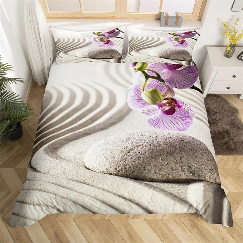 Zen Stones King Duvet Cover Sandy Beach Bedding Set Microfiber Purple Phalaenopsis Comforter Cover Meditation Bedspread Cover