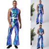 Heren Retro 70s Disco Outfit Metaalachtig Glanzend Mouwloos Jumpsuit met Reverskraag en Wijde Pijpen voor Podiumoptreden