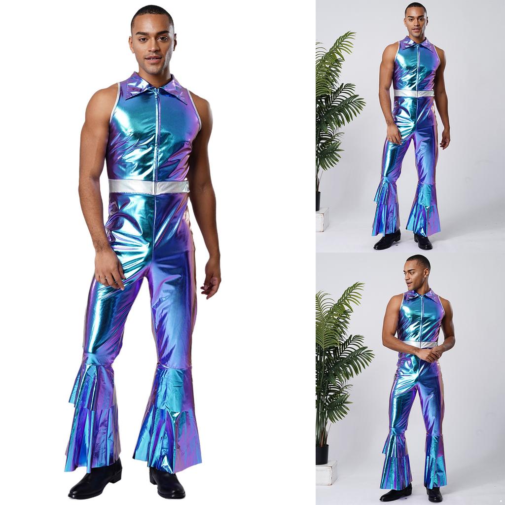 Heren Retro 70s Disco Outfit Metaalachtig Glanzend Mouwloos Jumpsuit met Reverskraag en Wijde Pijpen voor Podiumoptreden
