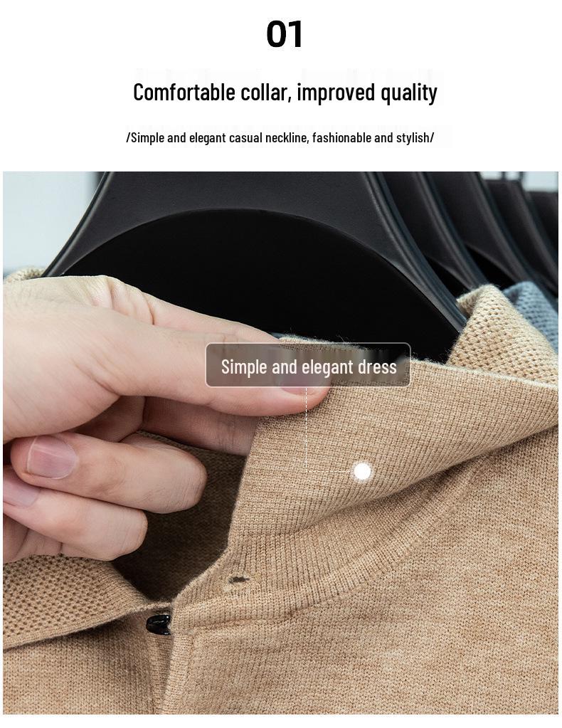 Men's Lapel Solid Color Warm Knit Sweater - Thickened Wool, Cashmere Feel, 2025 Autumn/Winter Collection