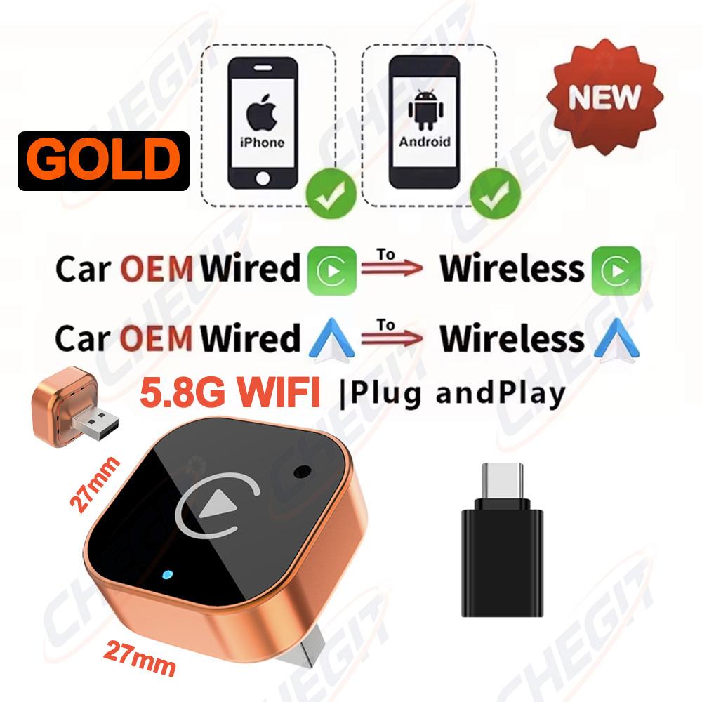 

2026 Wired to Wireless 2in1 CarPlay Android Auto for Apple & Android Wireless Adapter, Bluetooth AI Smart Box, Car USB Accessory 27mm-Gold