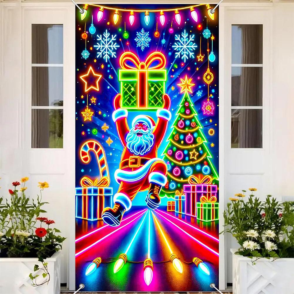 

Fluorescent Christmas Door Cover UV Glow Party Banner Luminous Cartoon Xmas Decoration for Indoor Outdoor Holiday Celebration