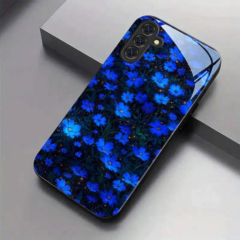 Dark Night Blue Flower Pattern Tempered Glass Phone Case for Samsung Galaxy S26 S25 S24 S23 S22 S20 Fe/plus/ultra Anti Drop