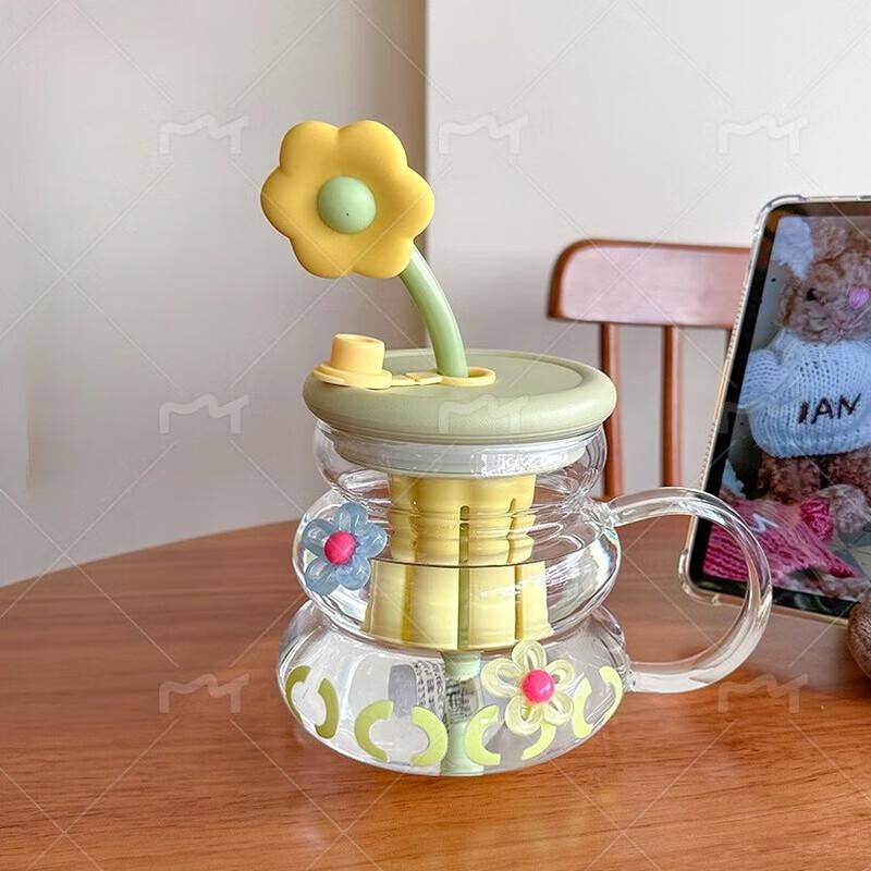 AilanhuiJia WA Cute Floral 800ML High-Temperature Glass Cup Single Cup with Brush Set (No Stickers)