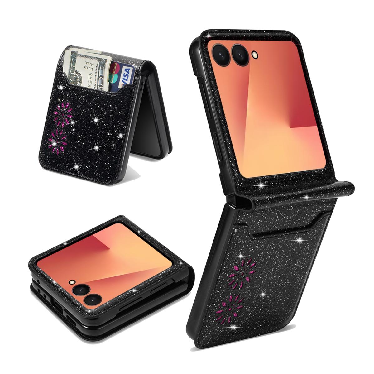 

For Samsung Galaxy Z Flip7 5G Case Card Holder Starry Sky Carving PU Leather+PC Phone Cover Black