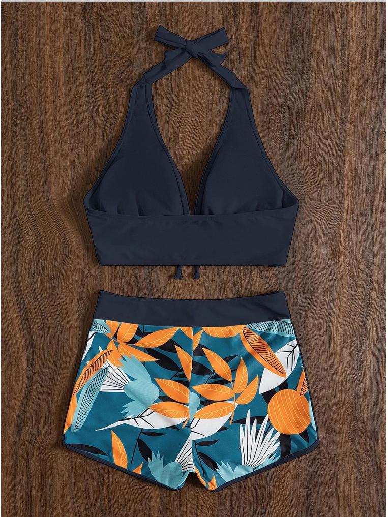 European & American Print Backless Bikini Swimsuit