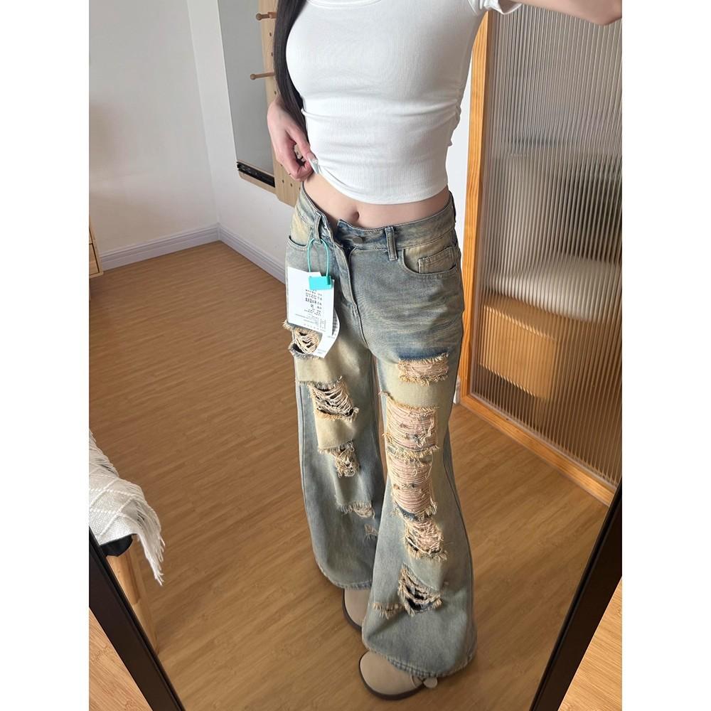 Women's High Waist Distressed Ripped Jeans Straight Wide Leg Baggy Denim Pants