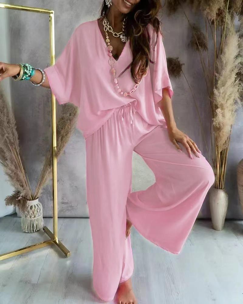 Sommer Zweiteiliges Set Für Damen Lange Hosen Sets V-Ausschnitt Fledermausärmel Lässig Locker Weiter Beinte Hosen 2-teiliges Set Unifarbene Outfits 3XL hellrosa