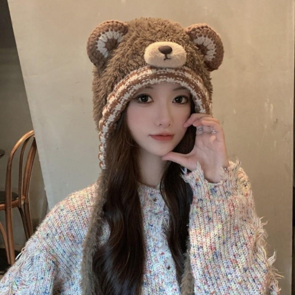 

Thicken Warm Bear Ear Hat Cold Protection Knitted Bobble Cap Women Accessories кавовий