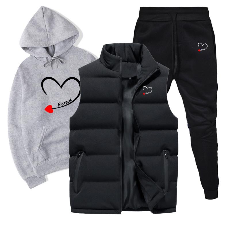 

Мужские и женские толстовки, комплект из 3 предметов, осенне-зимние толстовки + жилет + брюки, спортивный костюм S серый