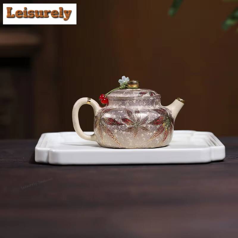 111ml Authentic Yixing Purple Clay Teapots Handmade Gold Drawing Pot Raw Ore Benshan Green Mud Kettle Zisha Teaset Decoration