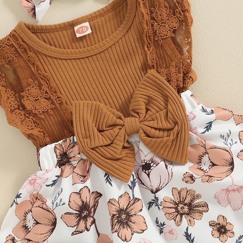 Baby Girl Summer Jumpsuit 3 6 12 18 Months Floral Print Lace Patchwork Romper Dress and Headband Set Cute Fashion Clothes Outfits