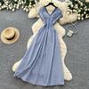 Korean Fashion High-Waisted A-Line Maxi Dress Summer V-Neck Sleeveless Lace-Panel Checkered Elegant Long Dress for Women