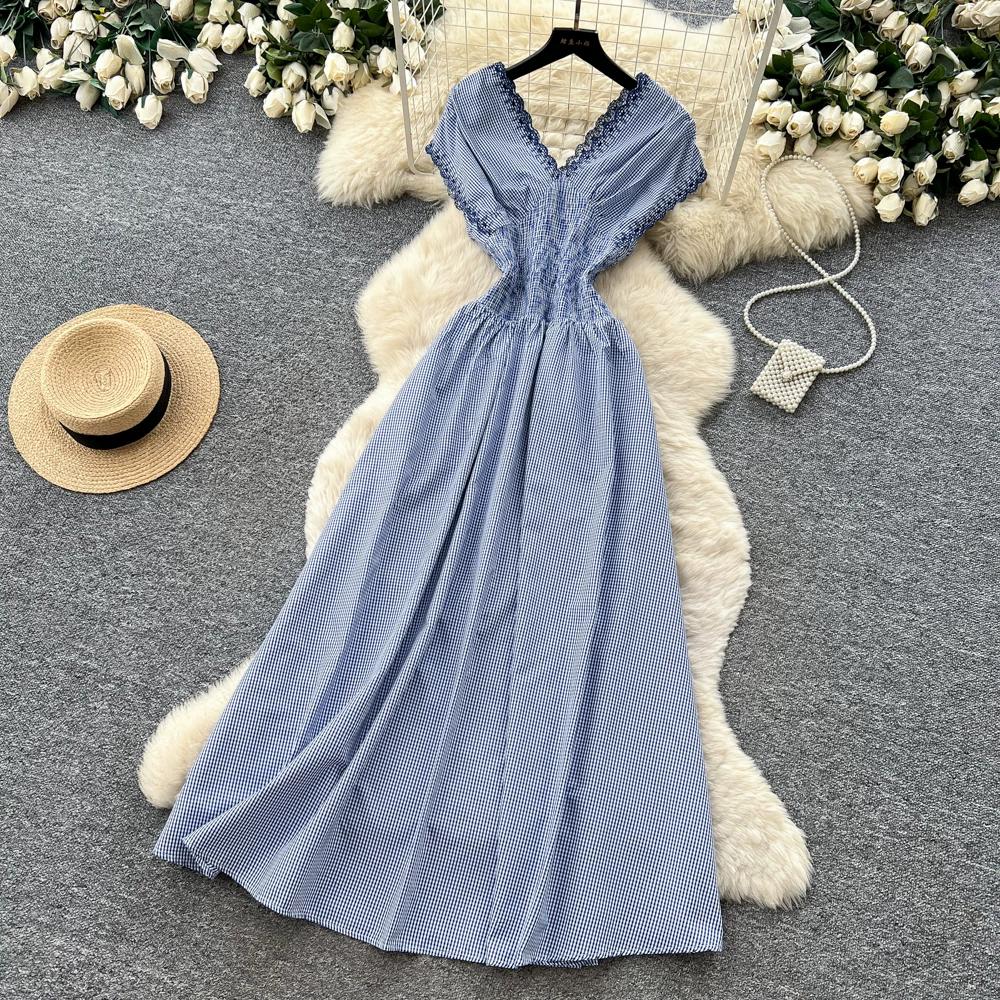 Korean Fashion High-Waisted A-Line Maxi Dress Summer V-Neck Sleeveless Lace-Panel Checkered Elegant Long Dress for Women