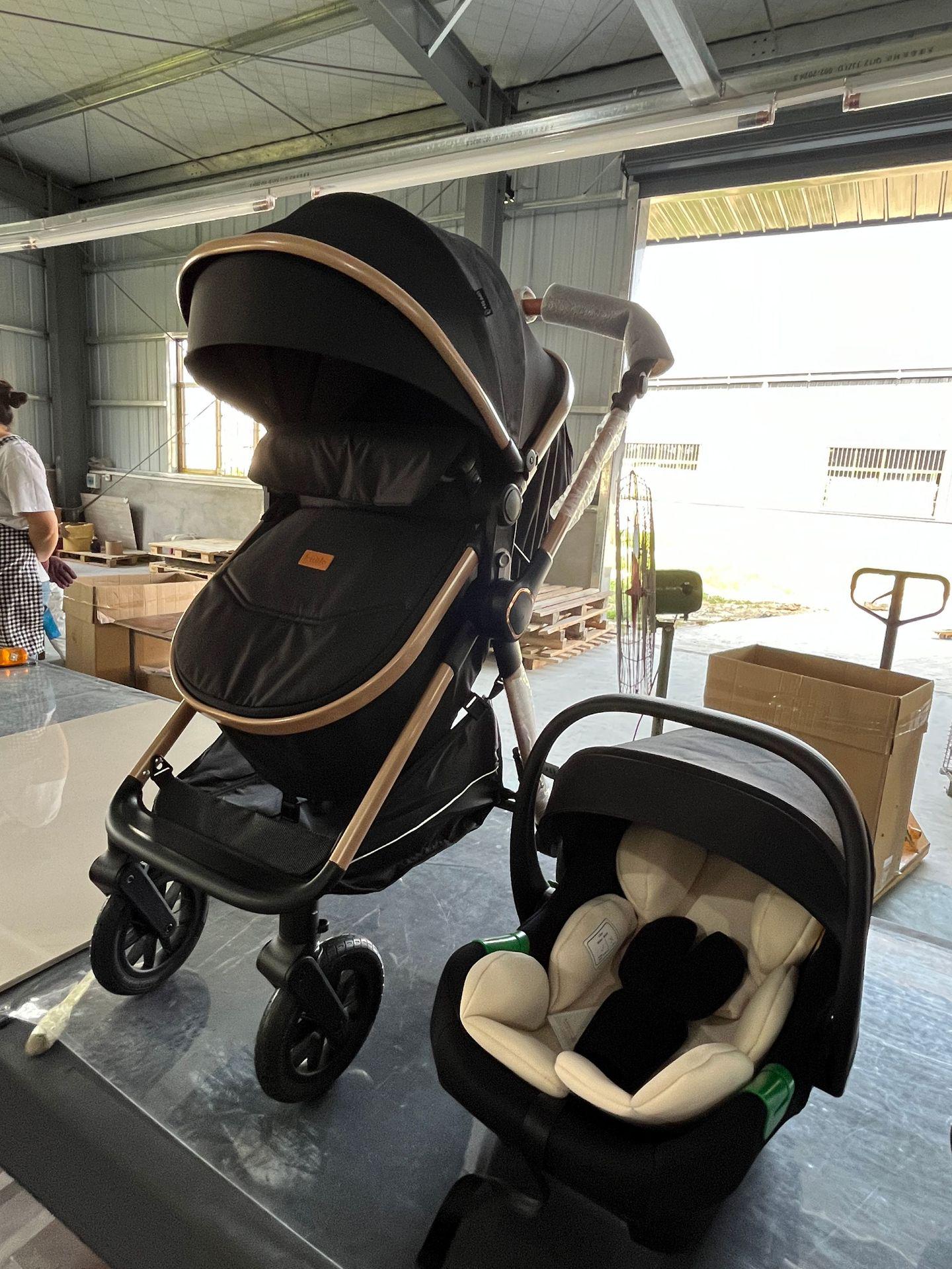 

Детская коляска High-View 3 в 1: Складная, откидывающаяся, двухсторонняя конструкция из алюминиевого сплава с безопасным автокреслом чёрный