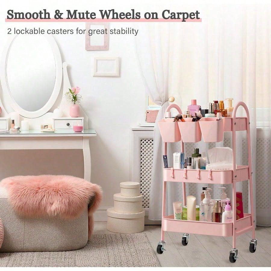 3-Tier Rolling Utility Cart With Lockable Wheels, Mobile Metal Storage Cart With Hanging Cups And Hooks For, Bathroom