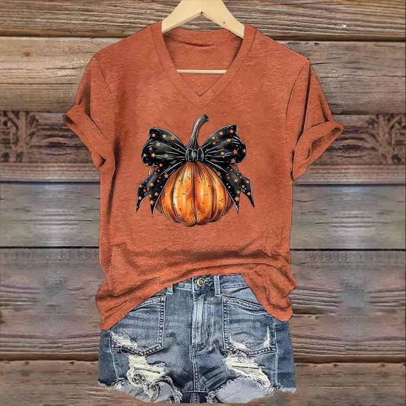 Summer V-neck 3D Bowknot Pumpkin Printed Top Fashionable Casual Short Sleeved Women's T-shirts