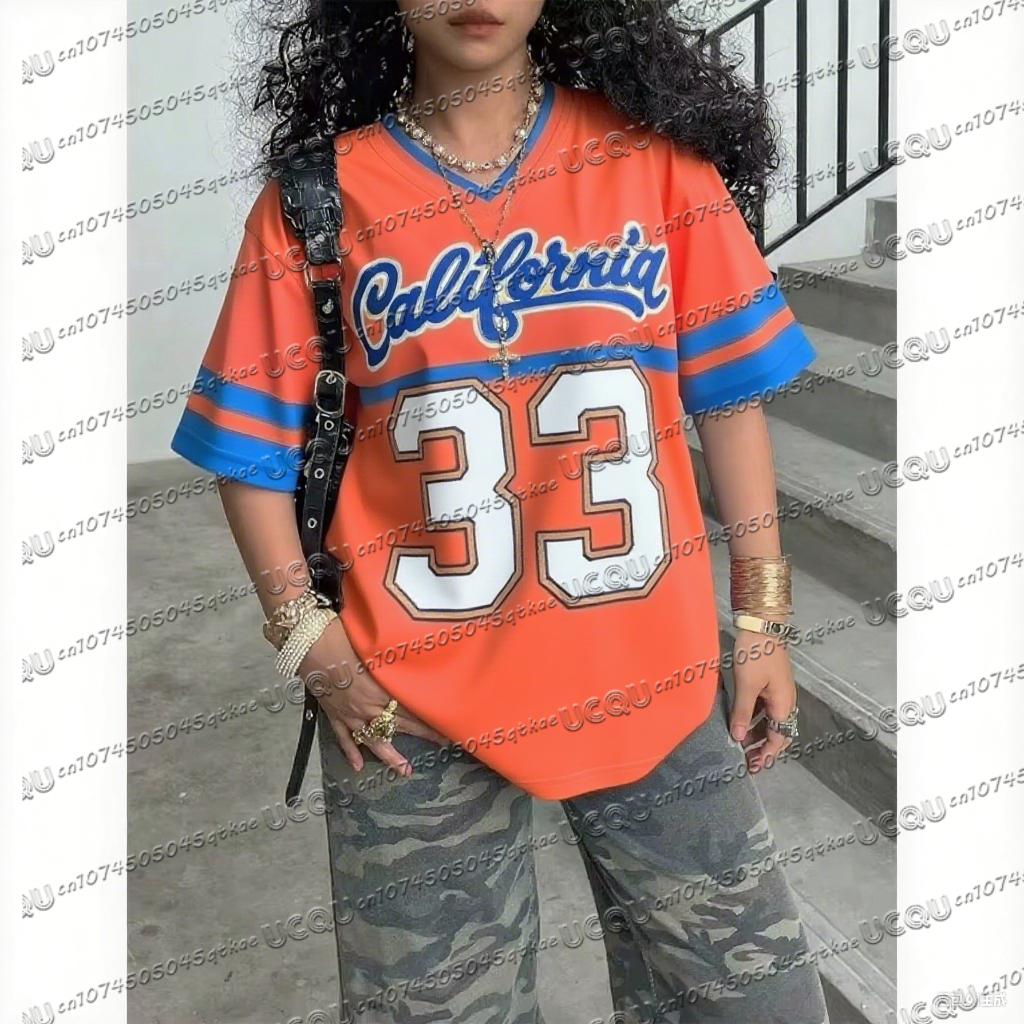 Women's Casual Personality Number Letter Printing Soccer T-Shirt Fashion V-Neck Loose Oversize Comfort Top Spring