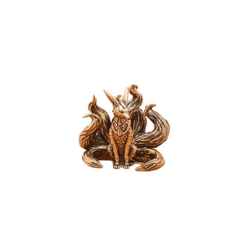 Antique Brass Pterosaur Dragon Statue Desk Ornament Lucky Nine Tailed Fox Figurines Feng Shui Ornament Copper Home Office Decor